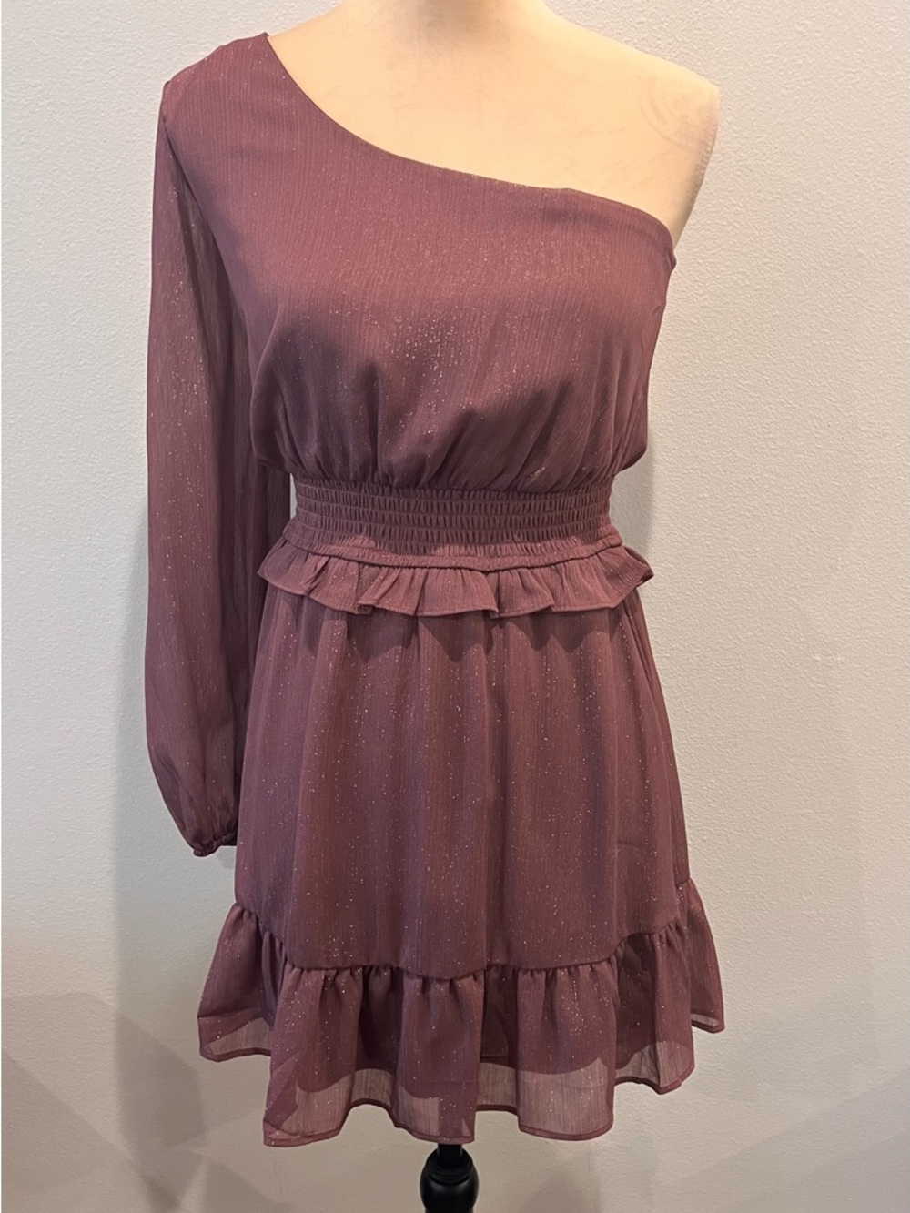 One-Shoulder Smock Waist Ruffle Dress in Dusty Mauve